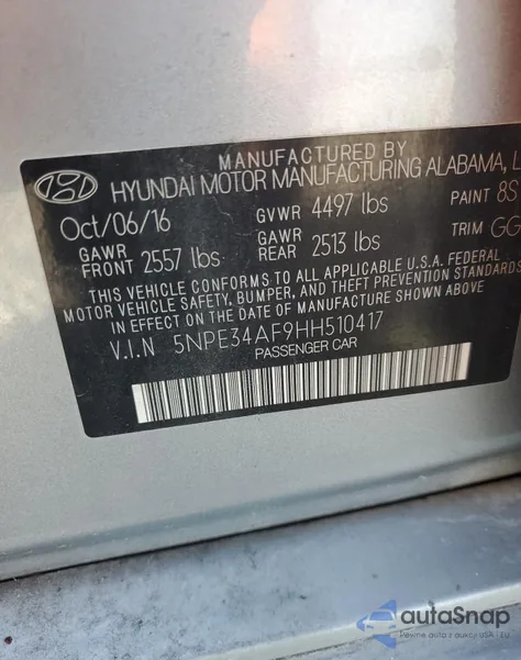 2017 Hyundai Sonata Sport z USA, uszkodzony, nr VIN 5NPE34AF9HH510417